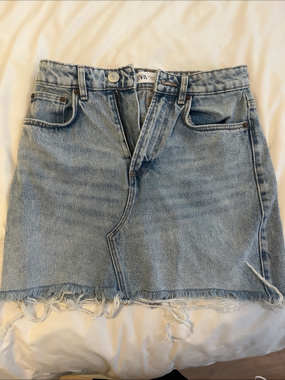Zara Light Wash Frayed Hem Denim Mini Skirt